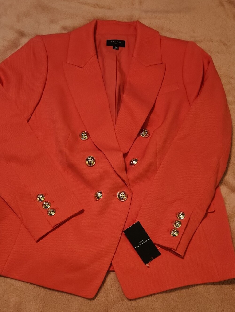 Tahari Coral-Orange Double-Breasted Blazer with Gold Buttons - Picture 2 of 6